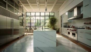 Modern kitchen with elegant decor, wide glass window, and marble flooring generated by AI photo