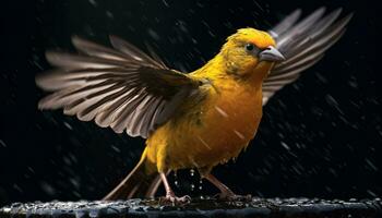 un linda pequeño pájaro encaramado en un rama en el lluvia generado por ai foto