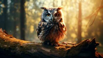 Eagle owl perching on branch, staring with wisdom and mystery generated by AI photo