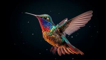 Hummingbird flying, feather iridescent, beak spread wings, hovering mid air generated by AI photo