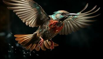 Hummingbird in mid air, spreading wings, showcasing vibrant iridescent beauty generated by AI photo