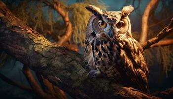 Majestic owl perched on branch, staring with wisdom and focus generated by AI photo