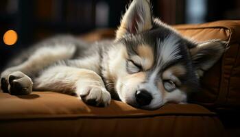 Cute puppy sleeping, fluffy fur, comfortable pillow, eyes closed, relaxation generated by AI photo