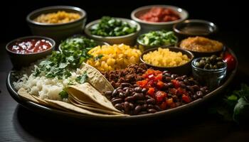 Freshness on a plate meat, tomato, vegetable, guacamole, cilantro, spice generated by AI photo