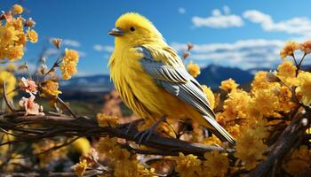 linda pájaro encaramado en un rama, rodeado por vibrante naturaleza generado por ai foto