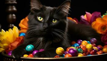 Cute kitten playing with toy, surrounded by colorful flowers indoors generated by AI photo