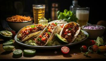 Grilled beef taco with fresh tomato, guacamole, and cilantro generated by AI photo