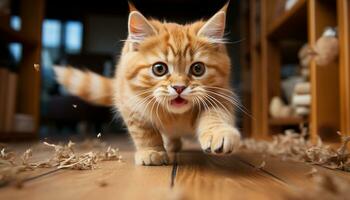 Cute kitten playing, staring with curiosity, fluffy fur, charming nature generated by AI photo