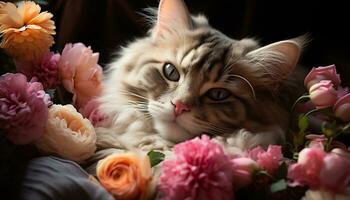 Cute kitten sitting, looking at pink flower in green vase generated by AI photo