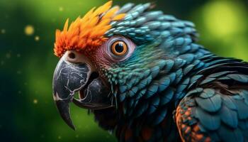 Vibrant macaw perching on branch, showcasing beauty in nature generated by AI photo