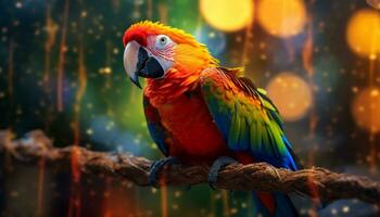 A vibrant macaw perching on a branch, showcasing nature beauty generated by AI photo