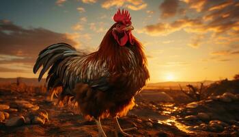 Rooster crows at sunrise, nature beauty in rural farm scene generated by AI photo