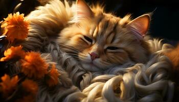 Cute kitten with fluffy fur, sleeping peacefully in nature generated by AI photo