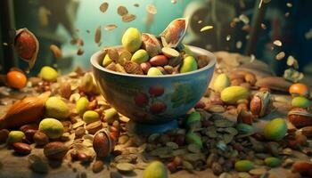 Healthy eating and almond freshness, nature, organic, vegetarian food, seed, green color, dieting generated by AI photo