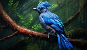 Beautiful macaw perching on a branch in the tropical rainforest generated by AI photo