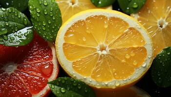 Freshness of citrus fruit, wet slice, drop of nature liquid generated by AI photo