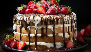 A decadent slice of homemade chocolate cheesecake with fresh strawberries generated by AI photo