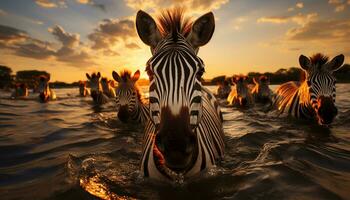 Nature beauty in Africa sunset, zebra, safari, wildlife, reflection generated by AI photo