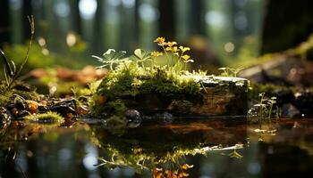 Tranquil scene green leaves reflect in the peaceful pond water generated by AI photo