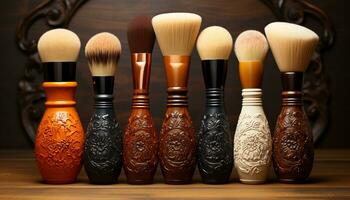 A collection of beauty products, elegant and luxurious, on a wooden table generated by AI photo