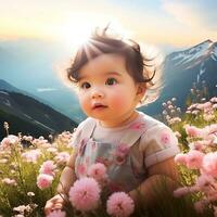 A painting of Mountain Lake Summer Baby in the Beautiful background photo