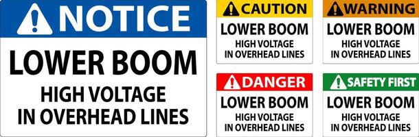 Electrical Safety Sign Warning - Lower Boom High Voltage In Overhead Lines vector