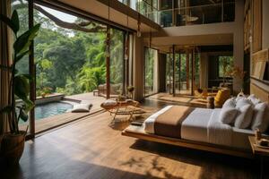 A room in a luxury hotel in the jungle overlooking the pool AI generated photo