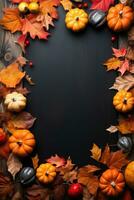 Halloween signboard mockup with pumpkins and fallen leaves AI Generative photo