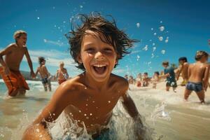 niños a el playa ai generativo foto