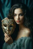 un hermosa joven mujer participación un grande veneciano máscara cerca su cara ai generado foto