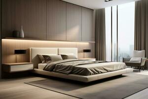 A photo of modern bedroom in gray beige tones AI generated