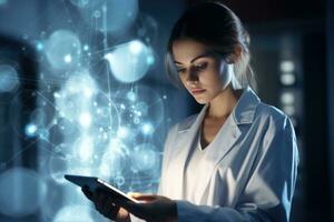 A woman in a lab coat using a tablet computer AI Generative photo