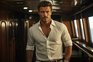 30 - year - old Caucasian man setting in a yacht AI Generative photo
