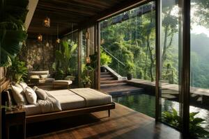 A room in a luxury hotel in the jungle overlooking the pool AI generated photo