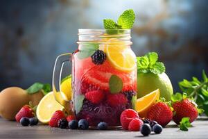 AI generated smoothy in mason jar and fresh fruits photo