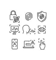 Cyber security fingerprinting, padlock fingerprint, voice, face recognition, retina check. Simple Set of Biometric Related Vector Line Icons. Vector illustration. Design on white background. EPS10