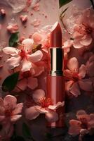 girly glamour concept Lipstick and flower AI generated photo