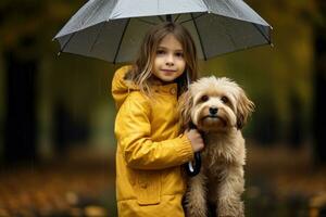 A girl stands outside in the rain and holds a umbrella over a small cute lost dog AI generated photo