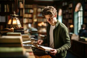 man in a large library chooses a book AI generated photo