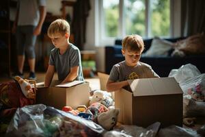 AI generated Children who help parents unpack furniture and open boxes in a new house photo
