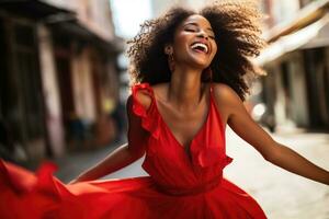 africano mujer en elegante rojo vestir bailando ai generado foto