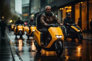 hombre montando en eléctrico carga bicicleta en el ciudad ai generado foto