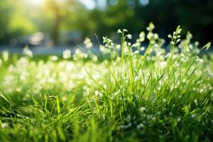 Grass with small wildflowers AI generated photo