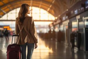 A business traveler woman boarding at an airport gate photo