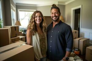 AI Generative Young beautiful couple moving into a new home photo