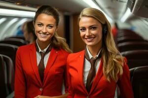 AI generated stewardesses walk gracefully through the cabin photo