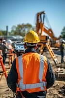 a man stands in a orange helmet with a tablet AI generated photo