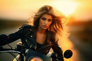 joven niña en un motocicleta en un cuero traje en el autopista a puesta de sol ai generado foto