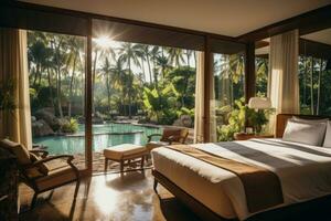 A room in a luxury hotel in the jungle overlooking the pool AI generated photo