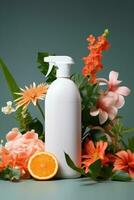 Plastic All - purpose Cleaner with floral background AI generated photo